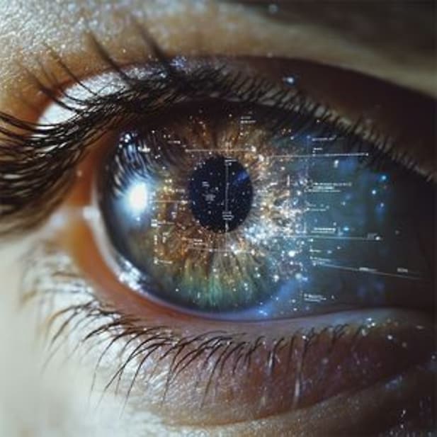 Occhio umano in primo piano con dati digitali e riflesso di galassia a simboleggiare la tecnologia del futuro