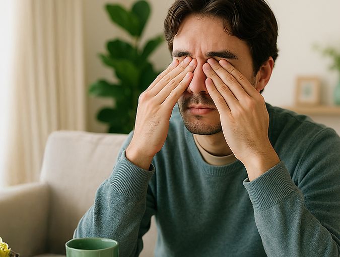 Ragazzo che si strofina gli occhi seduto sul divano