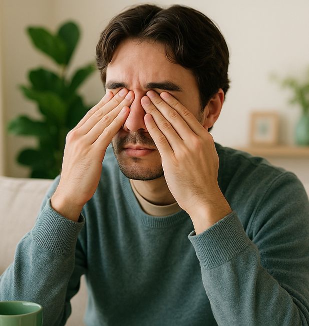 Ragazzo che si strofina gli occhi seduto sul divano