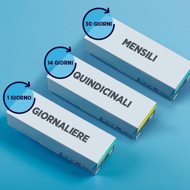 Confezioni di lenti giornaliere, mensili e quindicinali con rispettivi tempi di utilizzo