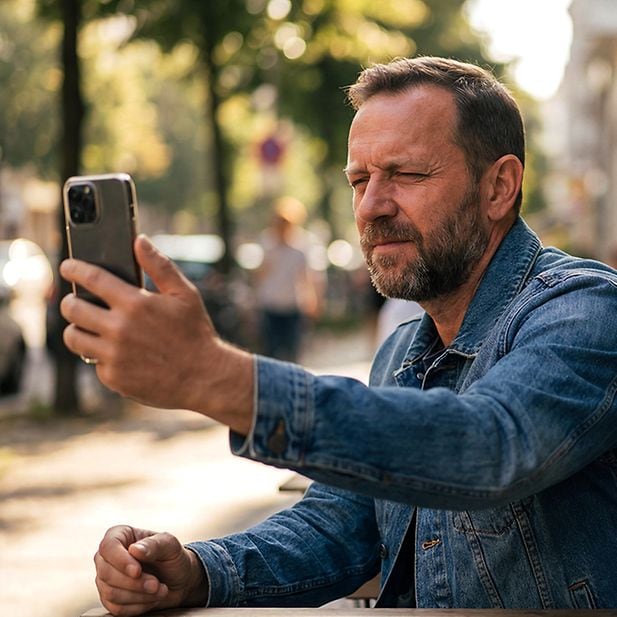 Uomo con presbiopia che allontana il cellulare dal viso per leggere lo schermo
