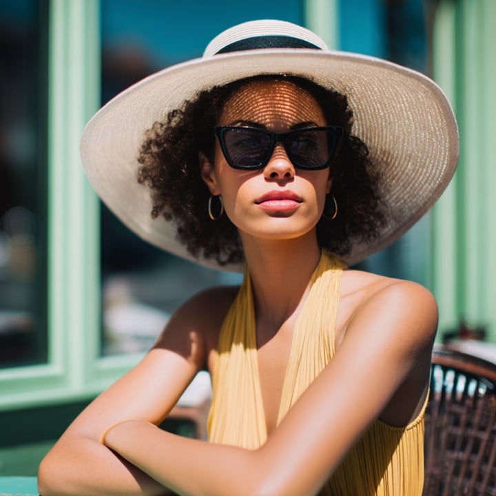 Donna con cappello da sole e occhiali da sole