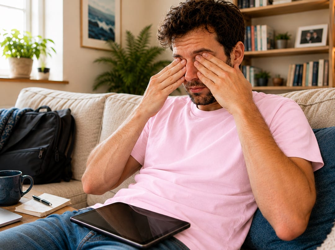 Uomo che si strofina gli occhi secchi e irritati sul divano