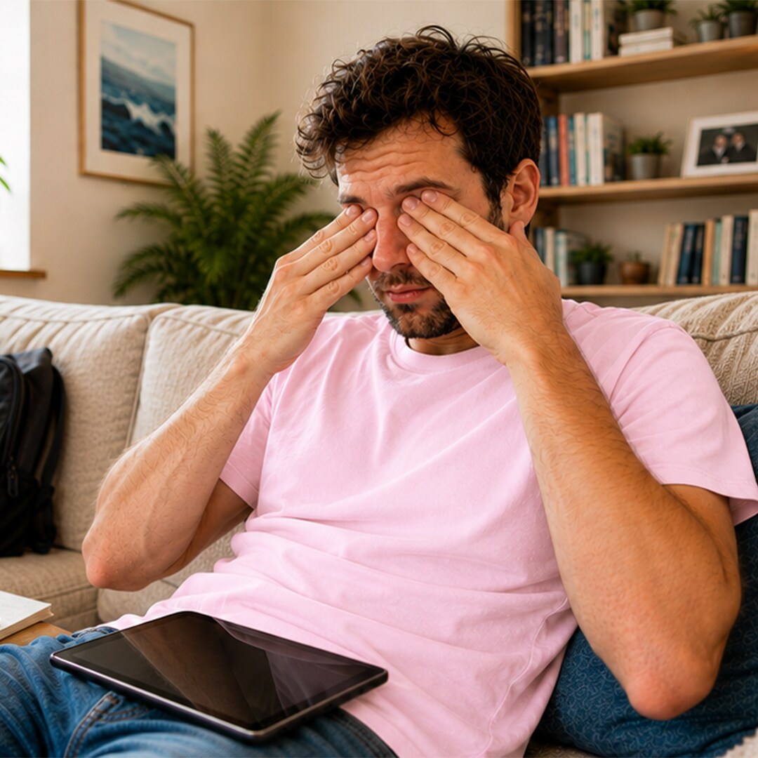 Uomo che si strofina gli occhi secchi e irritati sul divano