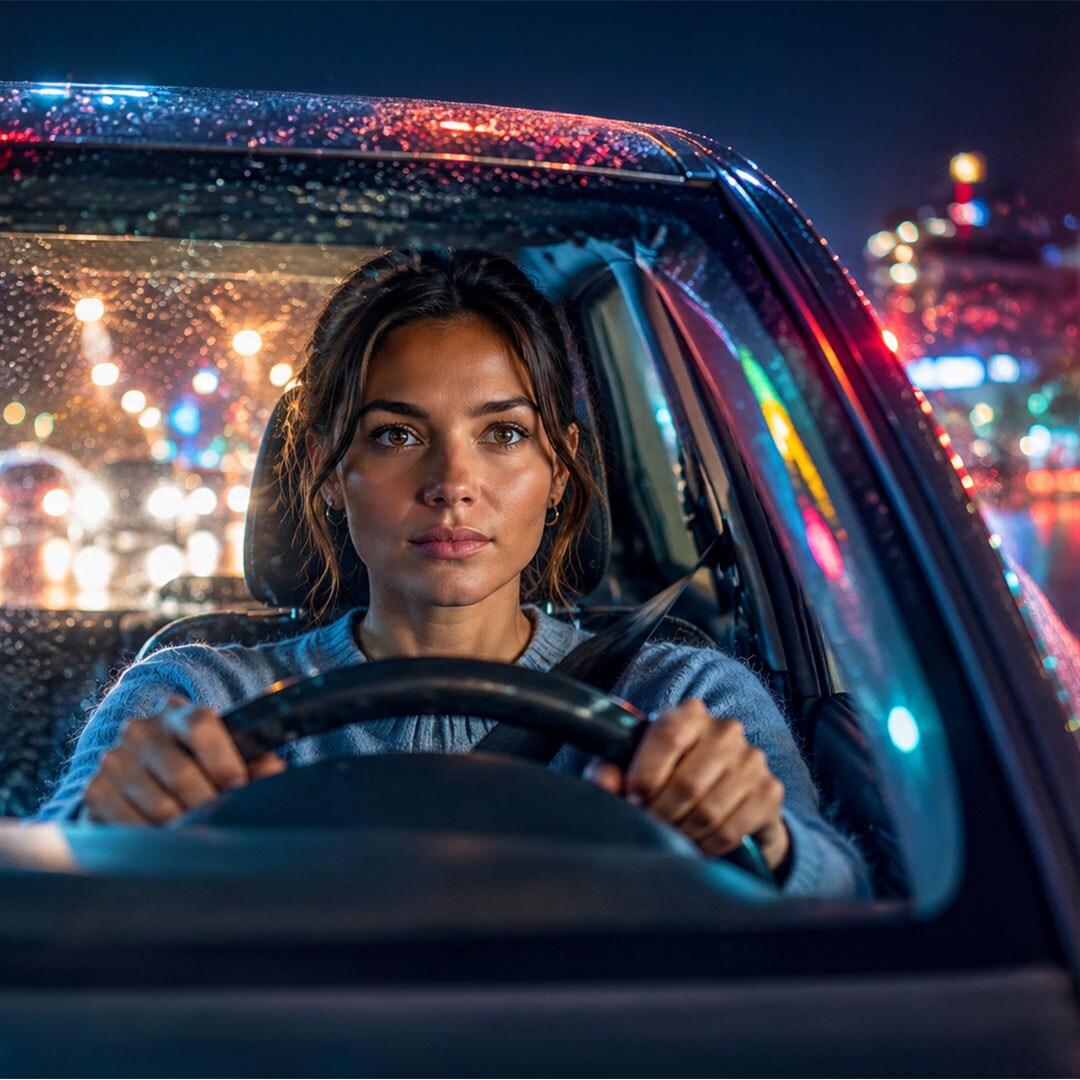 Donna che guida di notte sotto la pioggia, con le luci della città riflesse nel parabrezza